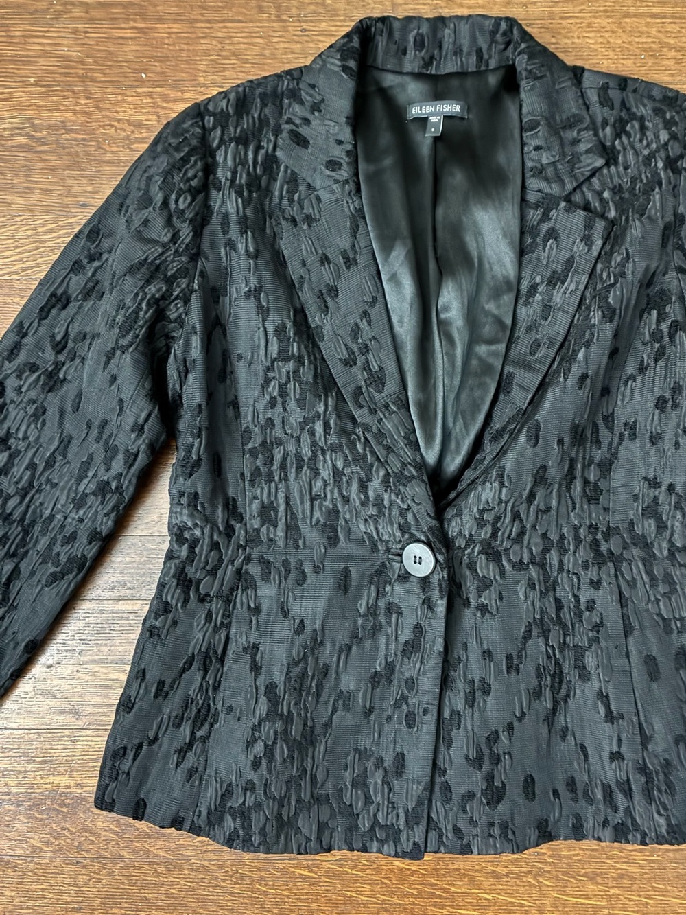 Eileen Fisher Black Jacquard Single-Button Silk Blazer Small